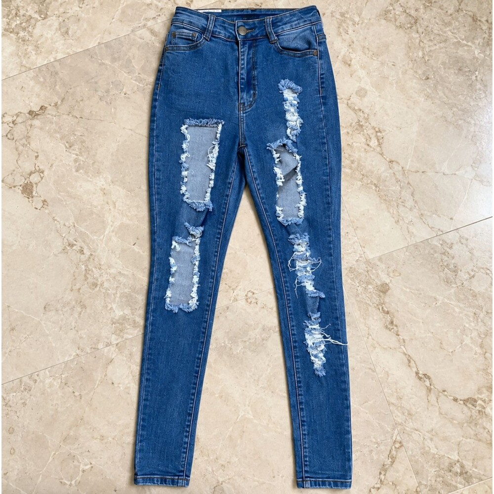 BOB Jeans Women’s 5/6 Blue Distressed Ripped Skinny Stretch High Rise Denim Zip